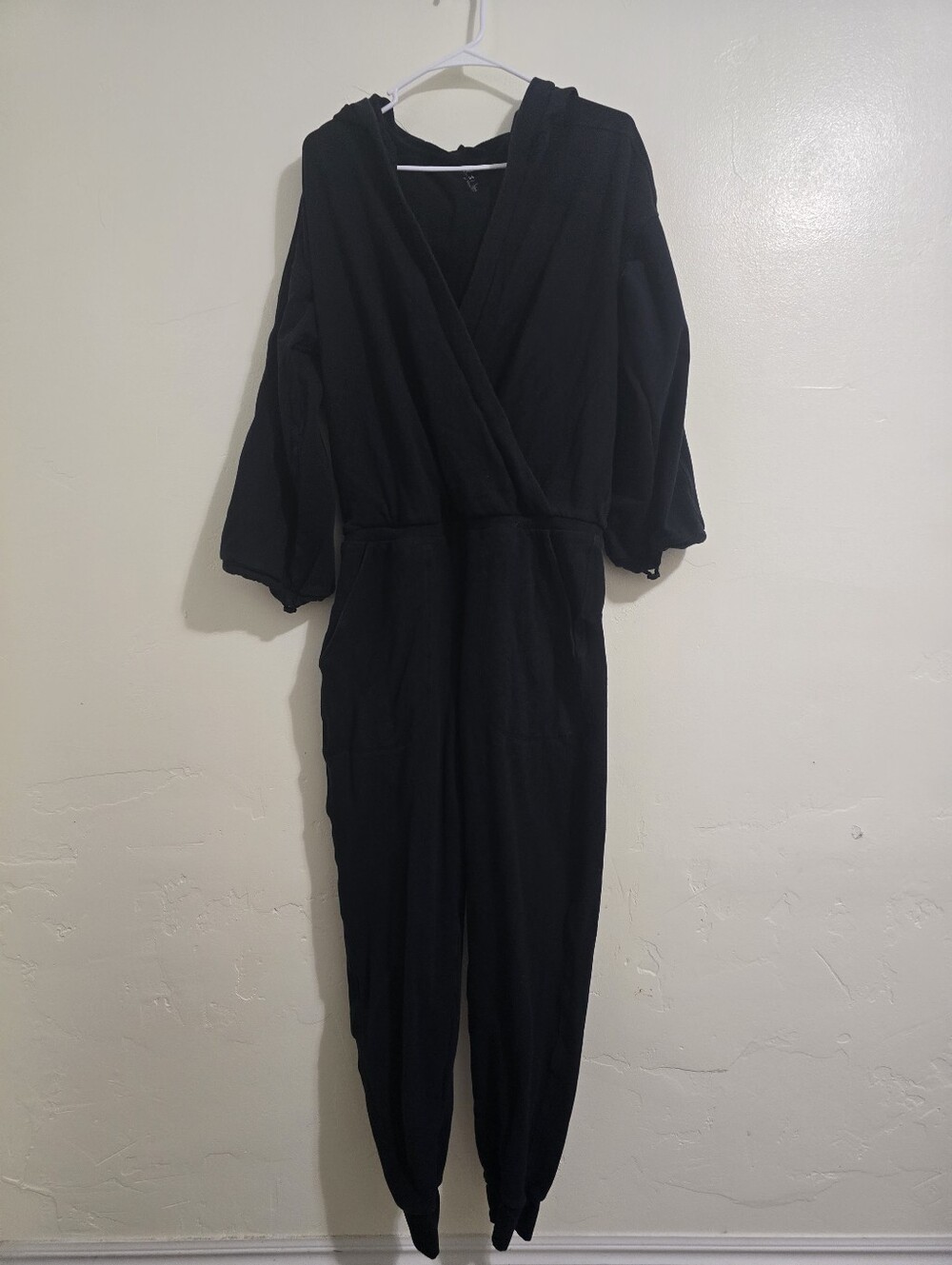 Nama Hooded Sweat Jumpsuit Black V Neck Size L Pockets